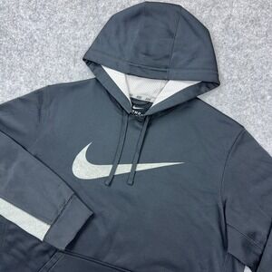Nike Hoodie Mens Large Black Therma Fit Sweatshirt Drawstring Big Swoosh‎ Logo